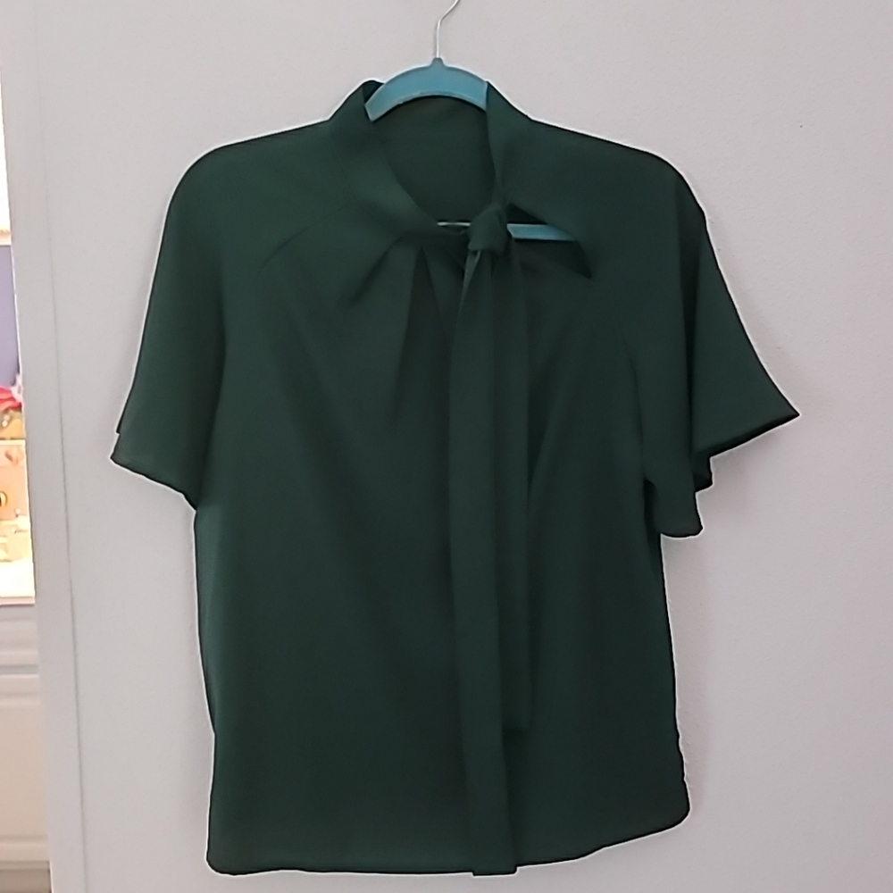 Shein Green Dress Top pleated collar& tie size Medium